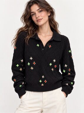 Manoush Merino Wool Blend Black Floral Long Sleeve Collar neck Sweater M